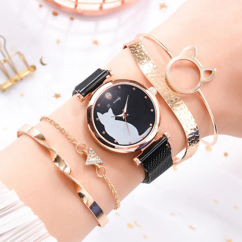 Klockor Rose Guld Armband Set Mönster Svart Magnet Watch Ladies Wrist Quartz Clock