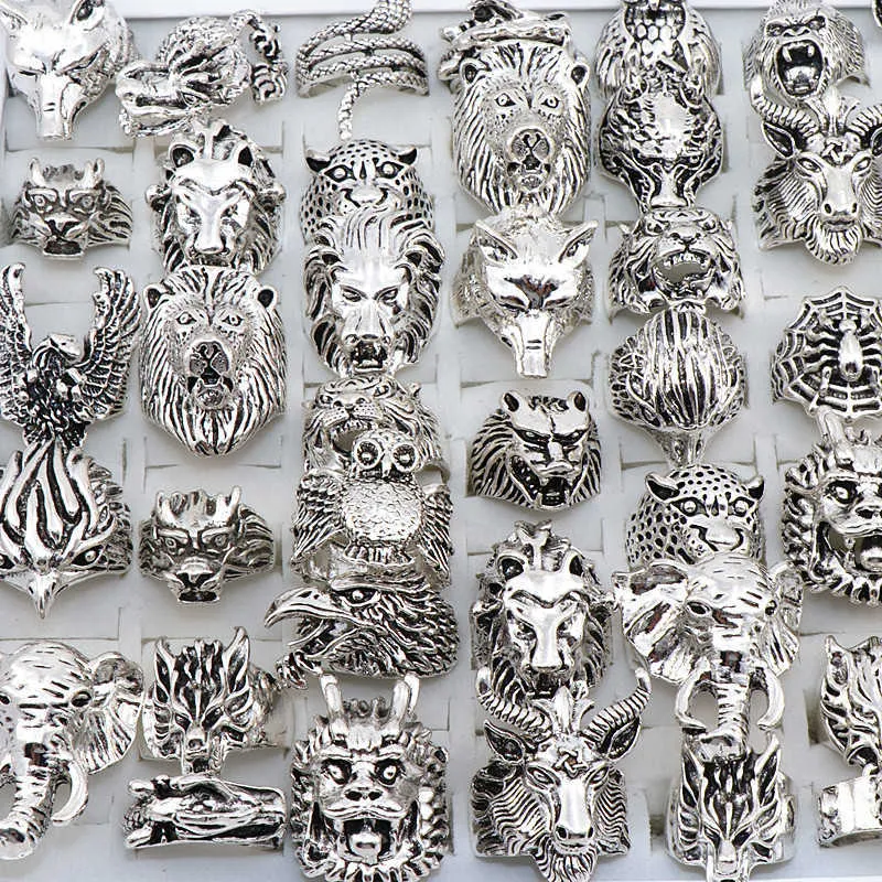 Großhandel /Lose Mix Owl Dragon Wolf Elefant Tiger usw. Tierstil antike Vintage -Schmuckringe für Männer Frauen 2106232795337