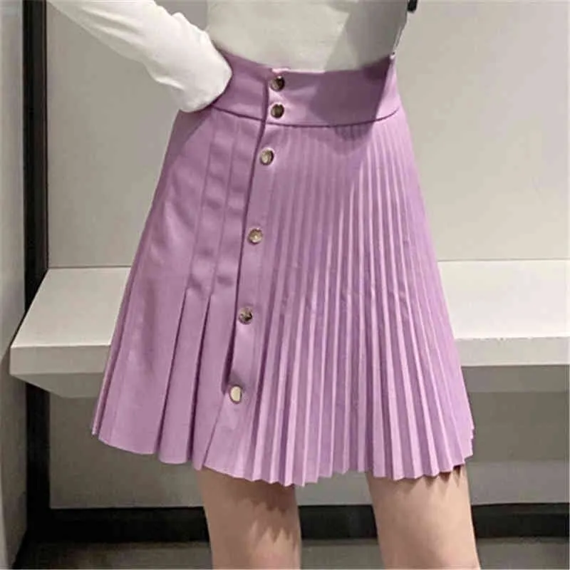 Elegant women Faux Leather Skirts Fashion lady Pleated Patchwork Sweet Female Streetwear Button High Waist Mini 210427