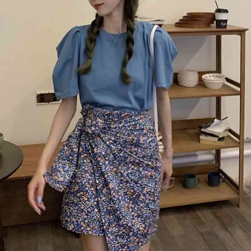 Ezgaga Summer New Korean Fashion Two Piece Set Women Solid Loose T Shirts + Lace Up High Waist Skirts Floral Elegant Suit 210430