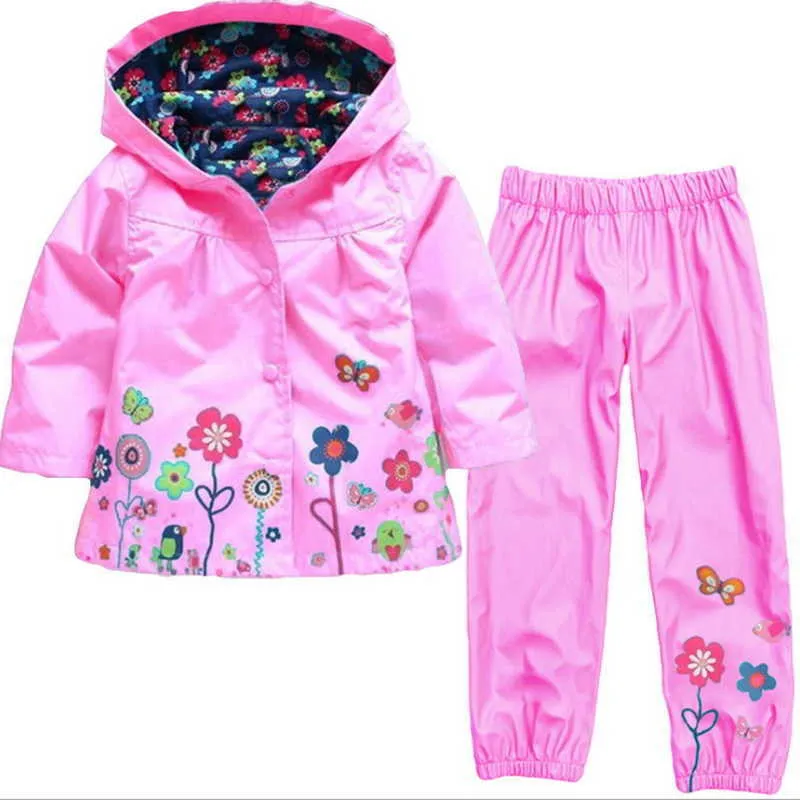 Spring Kids Girl 2-pcs Sets Print Hooded Jacket + Elastic Waist Pants Windproof and Rainproof Children Outfits E009 210610