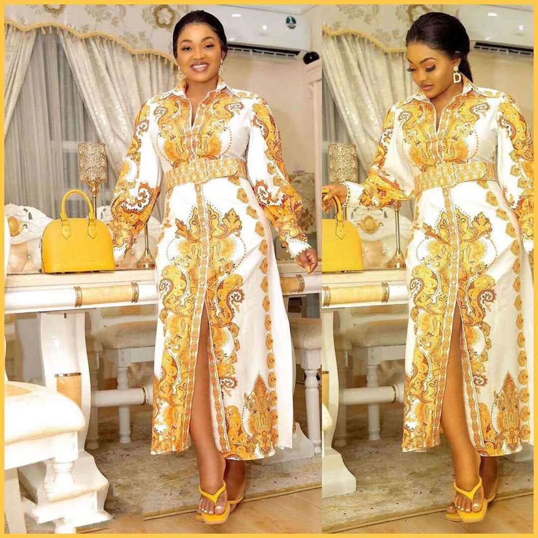 Women Printed Dress Long Sleeves Gold White Elegant Female Vestidos Robes Floral African Fashion Ladies Autumn Plus Size XXL XL 210416