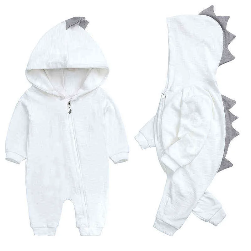 Spring Kids Tales born Baby Romper Suit Solid Hooded Dino Boys Girls Cotton Babywear 4 Colours 211101