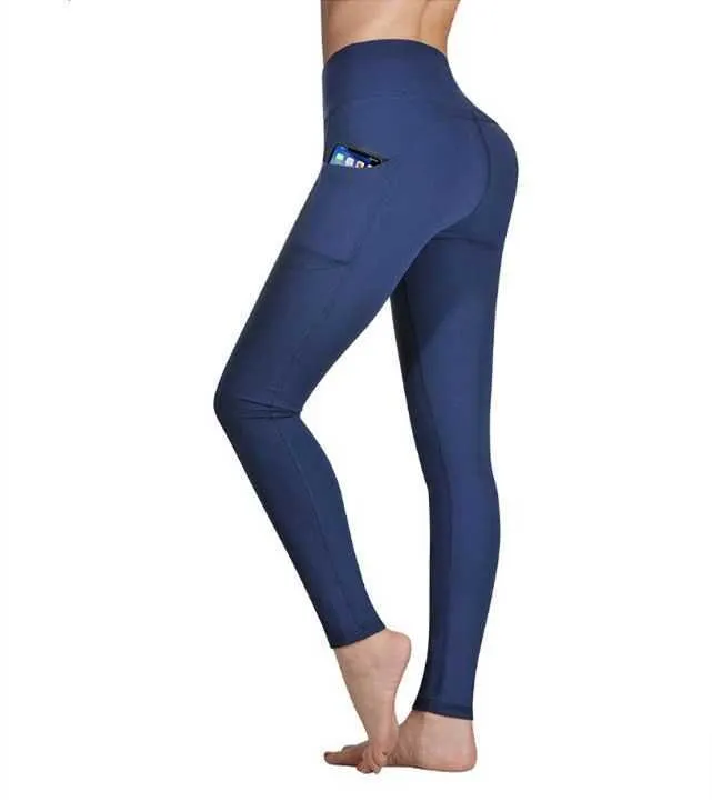 Legging Woman Com Bolsos Slim Fit Push Up Cintura Alta Mulheres Calças Leggings Esporte Ginásio Fitness Navy Bodycon 210604