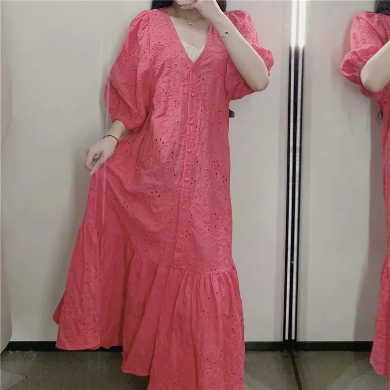 Kleider Frau Sommer Rot Cutwork Stickerei Langes Kleid Frauen Rüschen Kurze Puffärmel Casual Frauen 210519