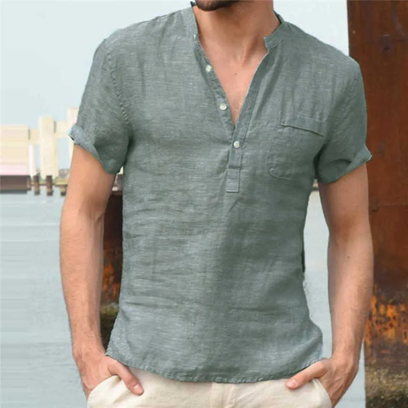 Été hommes lin lin T-Shirt décontracté col en v boutonné T-Shirts Slim Fit coton à manches courtes haut de base 210716