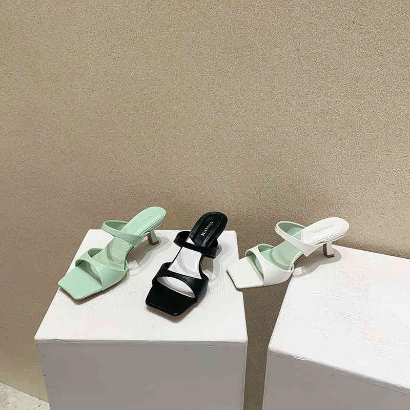 Mode femmes sandales pantoufles bande étroite mince talons hauts bout ouvert diapositives décontractées couleur unie sans lacet Mules chaussures noir/vert 210513