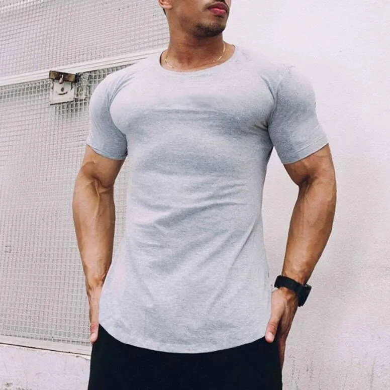 MuscleGuys New Solid Fitness Kläder Gym Tight T-shirt Mens Workout T-shirt Homme Gym T-shirt Män Slim Fit Sommar Top 210421