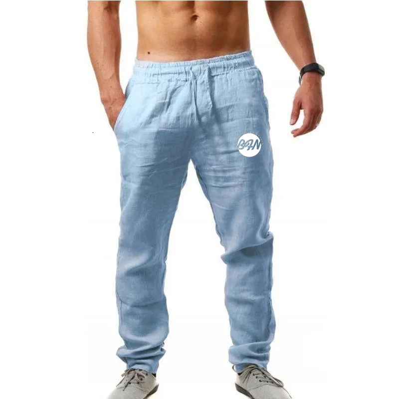 Pantalones casuales de verano pantalones sueltos de algodón de lino para hombres cintura elástica sólida pantalones de chándal rectos pantalones de chándal negros