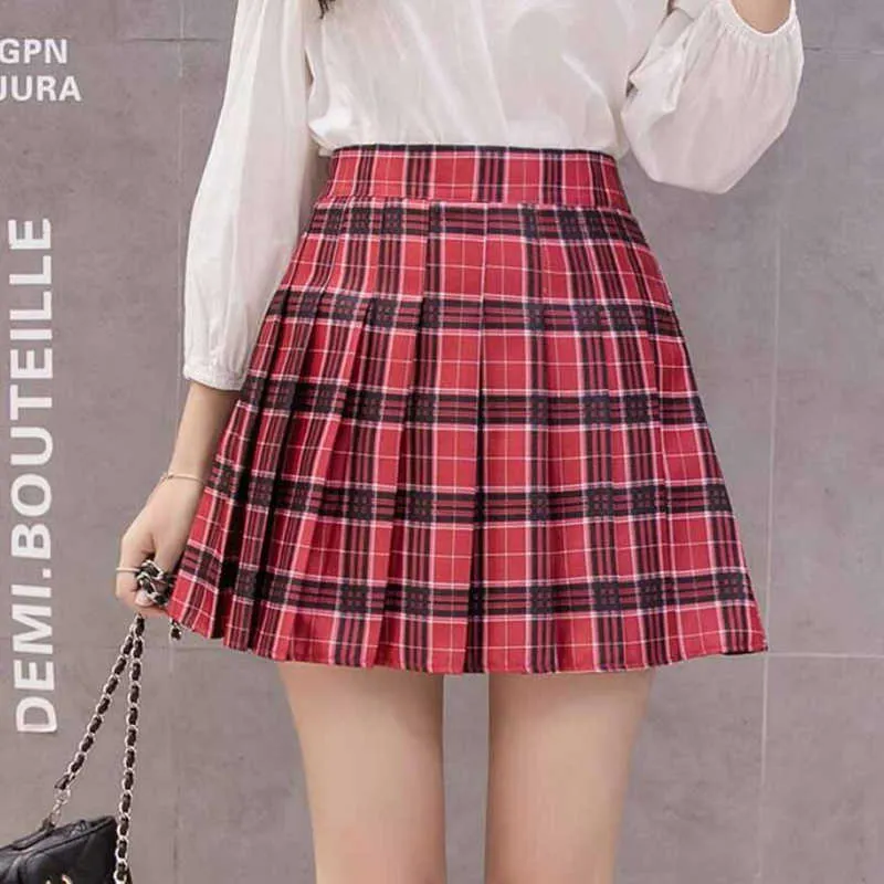 JMPRS taille haute femmes jupe plissée JK été japon doux Preppy Style filles danse Mini mode Plaid fermeture éclair Faldas Mujer 210619