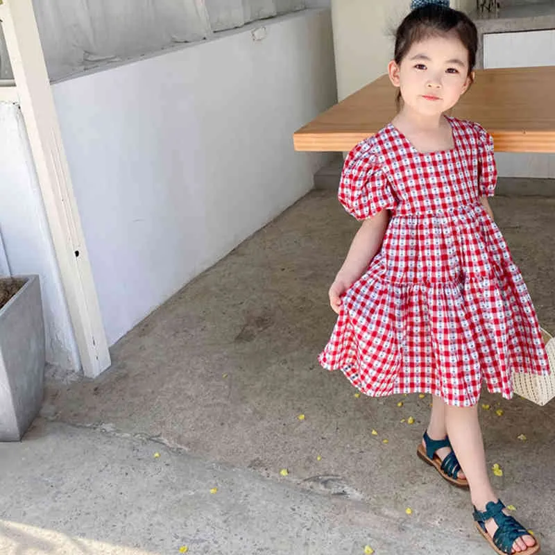 Fashion Plaid Print Dress Summer Kid Clothes Girl Korean Style Puff Sleeve Sweet Princess 210515