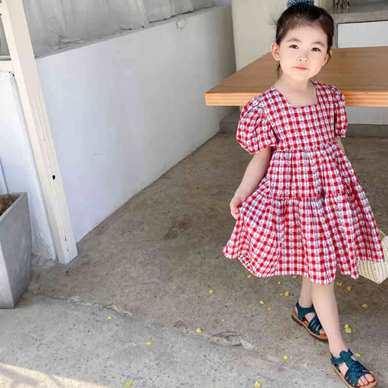 Mode Plaid Print Kleid Sommer Kind Kleidung Mädchen Koreanischen Stil Puff Sleeve Süße Prinzessin 210515