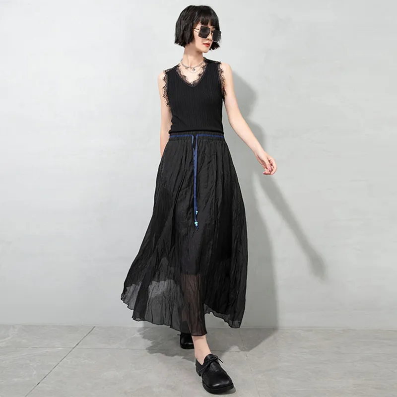 [EAM] High Elastic Waist Black Pleated Long Chiffon Temperament Half-body Skirt Women Fashion Spring Summer 1DD8336 21512