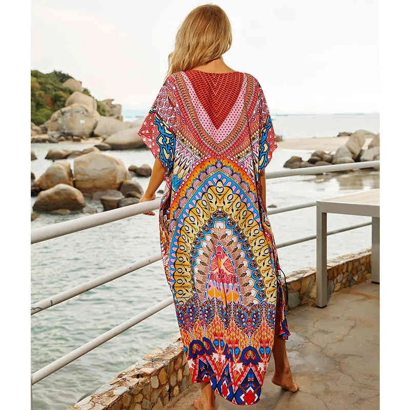 Quick-drying Bikini Cover-ups Bohemian Printed Summer Dress Kaftan Long Red Tunic Women Beach Wear Swim Suit Cover Up Q897 210420