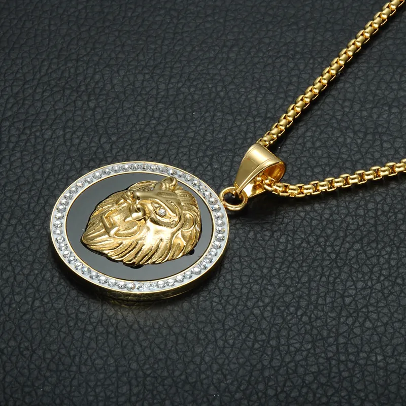 HIP Hop Gold Color Stainless Steel Bling Iced Out Rope Chain Lion Pendants & Necklaces for Men Jewelry