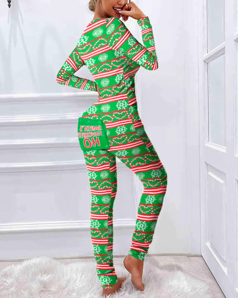 Capodanno Natale Funzionale da donna con patta stampata adulti Pigiama Suit Homewear Tute staccabili Femme 210415