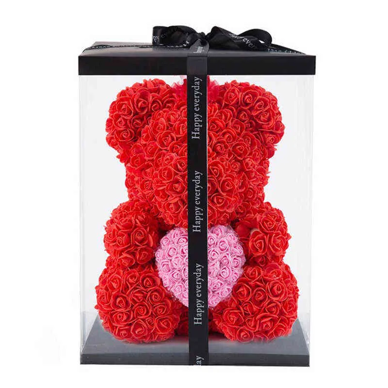 Drop 40cm Rose Bears in Box 25cm Bear of Roses Ribbon Rose Teddy Bear Valentine Mothers Day Gift for Women Whole Y1217168294