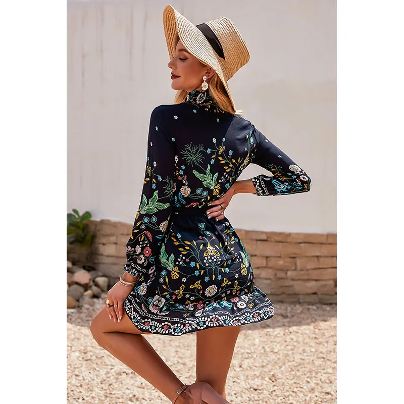 Европейский и американский новый стиль женские моды с длинными рукавами напечатанный букет талии повседневное платье X0521