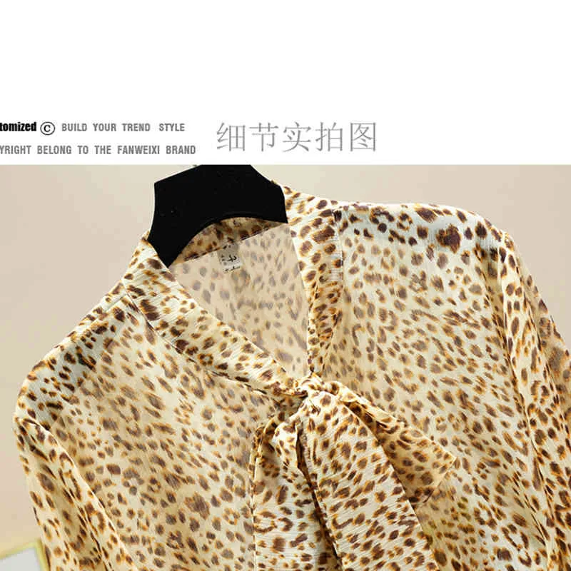 Wiosna damska Bluzka Koreański Styl Bow Tie Leopard Drukuj Jasny Jedwabny Latarnia Rękaw Top Casual Luźne Kobiece Topy 210506