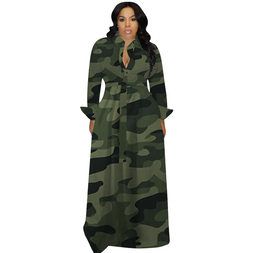 Camouflage Imprimé Longue Maxi Robes Femmes Manches Plus La Taille Sexy Causal Bouton Up Chemise Blouse Travail Robes 210525
