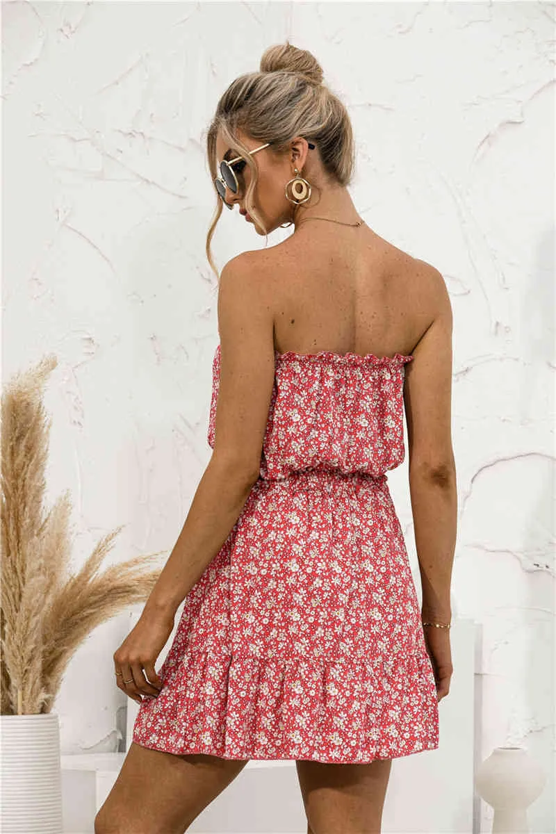 2021 Summer Sukienka Kobiety Sundress Beach Style Casual Boho Mini Dress Sexy Bez Ramiączek Beckless Floral Print A-Line Sukienka Vestidos X0521