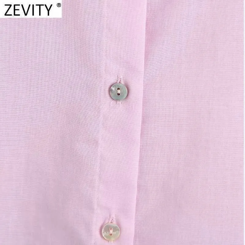 Zevity Women Sweet Hollow Out Embroidery Ruffles Pink Shirts Female Puff Sleeve Back Pleats Blouse Roupas Chic Crop Tops LS9403 210603