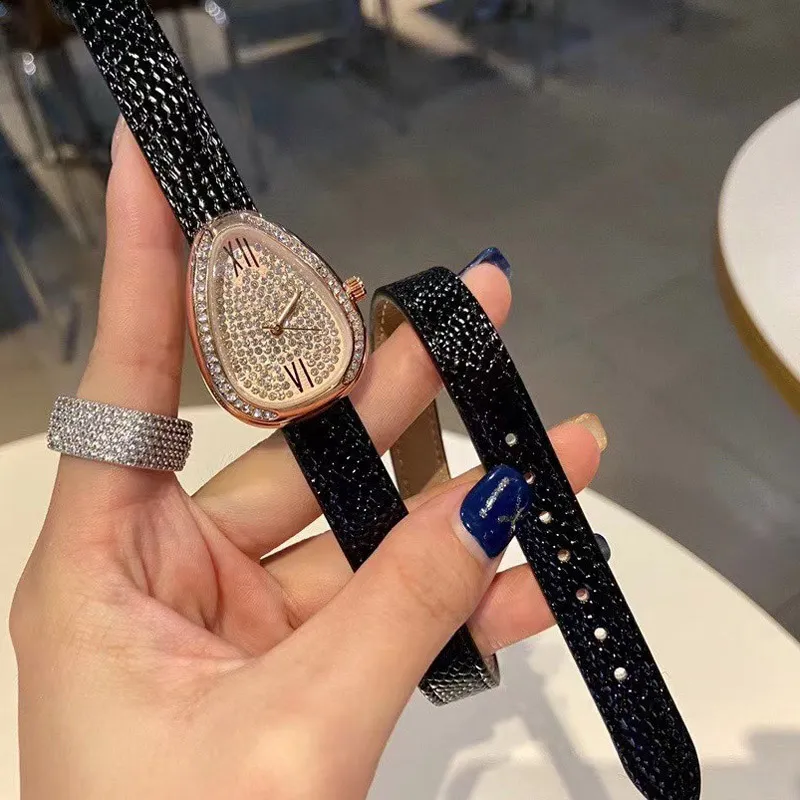 Brand Watches Women Girl Crystal Snake Head Style Leather Strap Quartz Wrist Watch B08223o