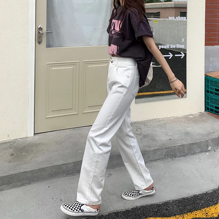 SML Sommer koreanische Ins-Stil lose Frauen lange weiße Denim-Hosen hohe Taille Wide Leg Jeans für Damen sy8770 210423