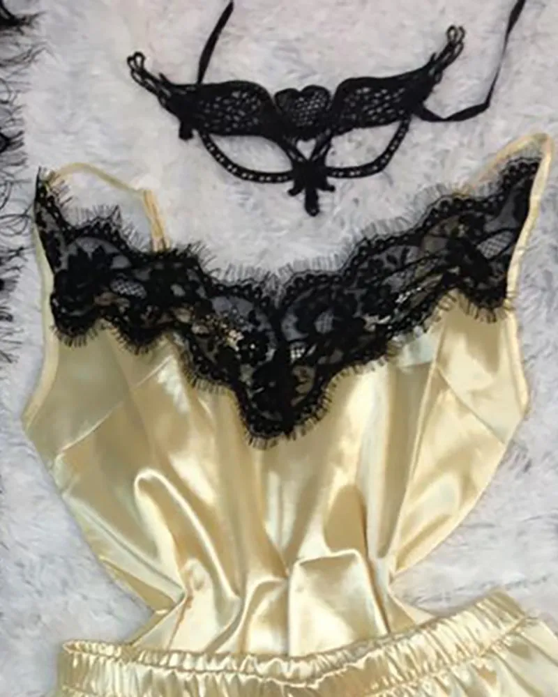 Ninimour Women Elegancka moda rzęs koronka wkładka satynowa piżama zestaw 210415