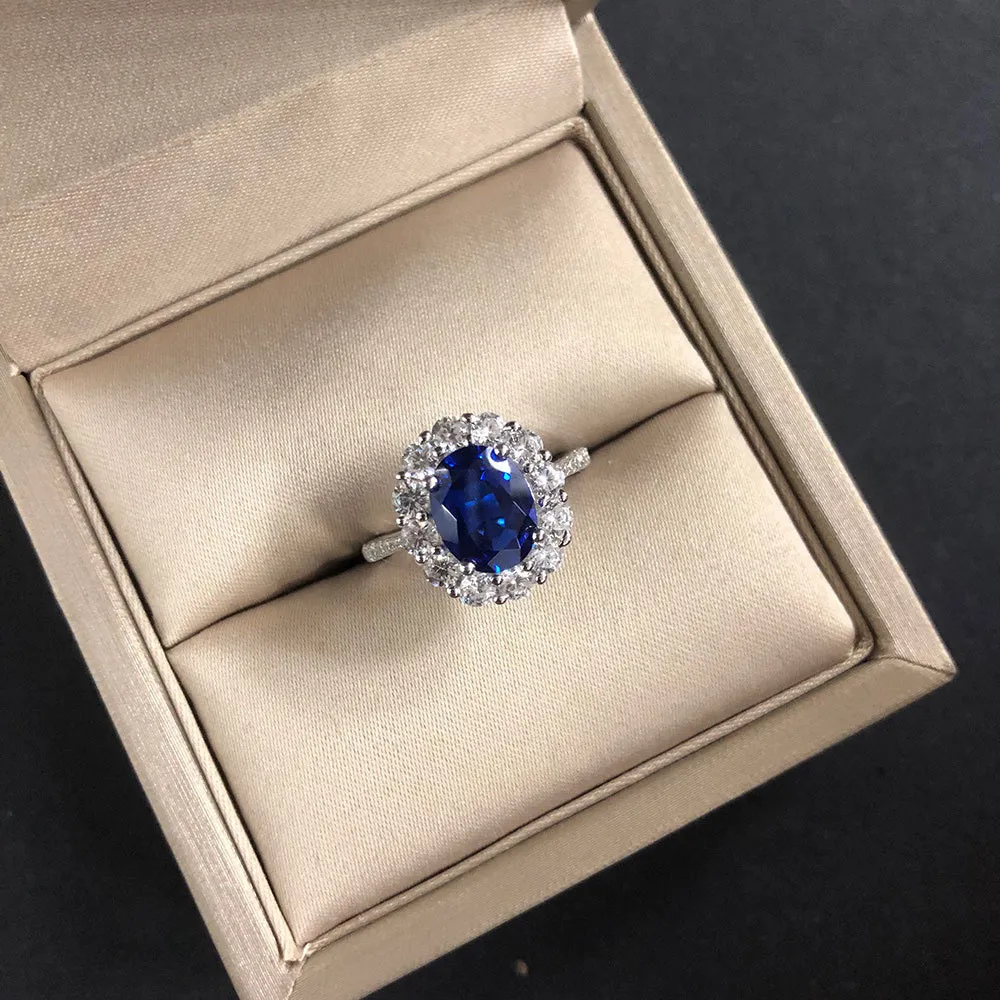 KNRIQUEN 100 % Sterling Silver skapad Moissanite Royal Blue Safir Ädelsten Bröllopsförlovningsfest Damring Fina smycken