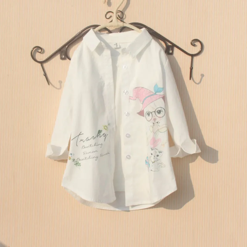 Blusa para niñas Ropa de primavera para niños Conejo de dibujos animados Tops de manga larga Blusas blancas para 8 a 12 años Camisa para niñas adolescentes 210331