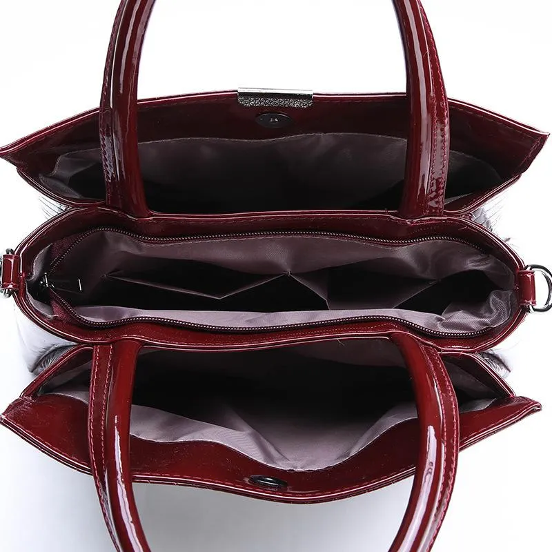 Evening Bags Burgundy Patent Leather Handbag Women Bag Big Capacity Lady Office Purse Messegner Crossbody Shoulder Sets 204t