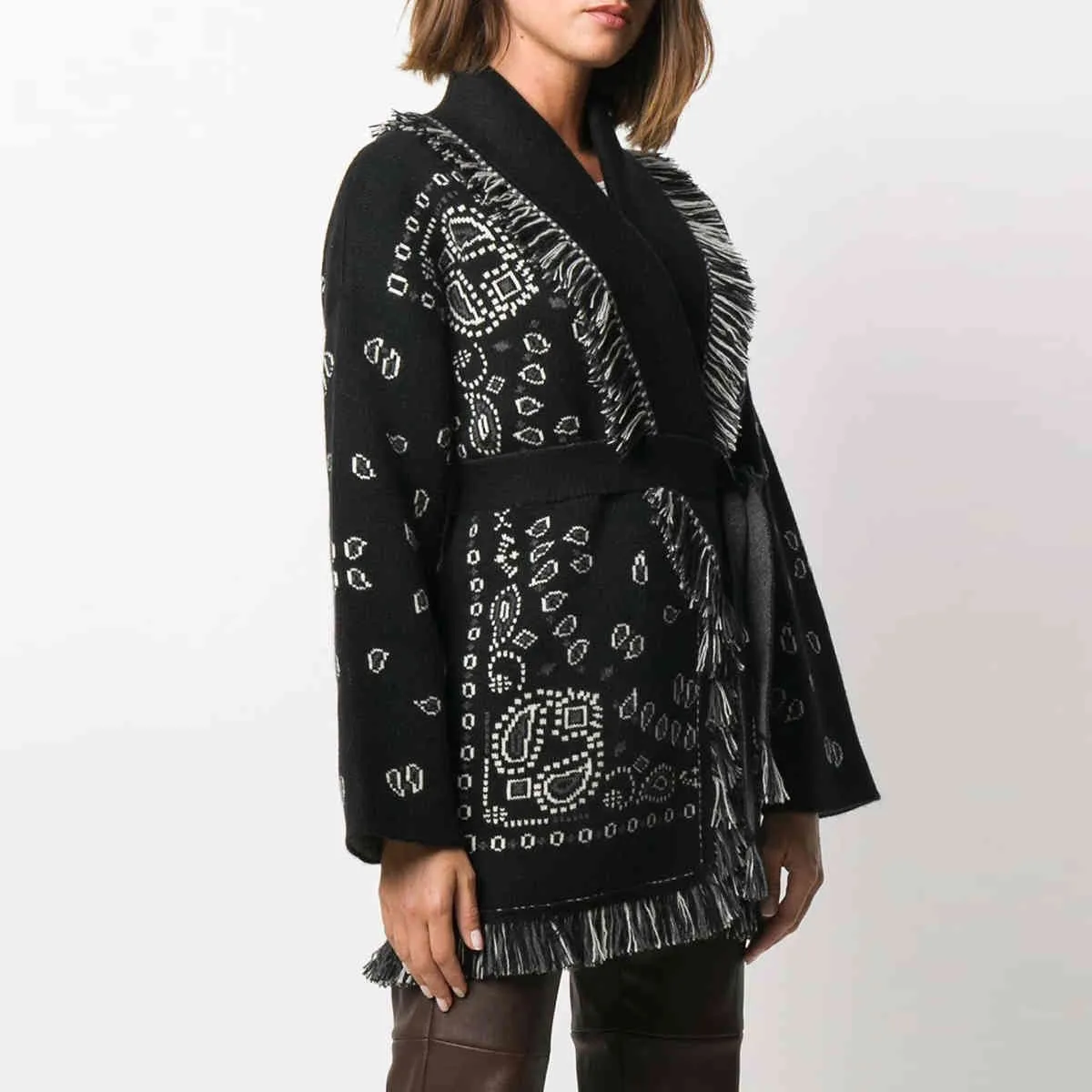 Jastie 새로운 가을 겨울 캐시미어 카디건 프린드 V 넥 넥타이 허리 긴 소매 스웨터 여성 니트웨어 따뜻한 두꺼운 오버 코트 210419