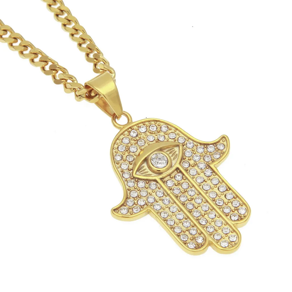 High quality stainless steel men's necklace with diamond large Fatima hand hip hop Pendant
