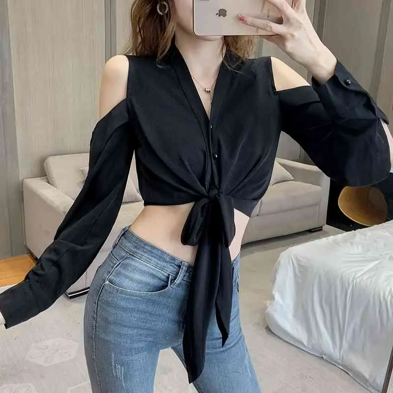 여름 검은 꺼짐 어깨 여성 셔츠 블라우스 탑스 섹시한 V 넥 레이스 위로 긴 소매 세련된 여자 Blusa 봄 블라우스 210507