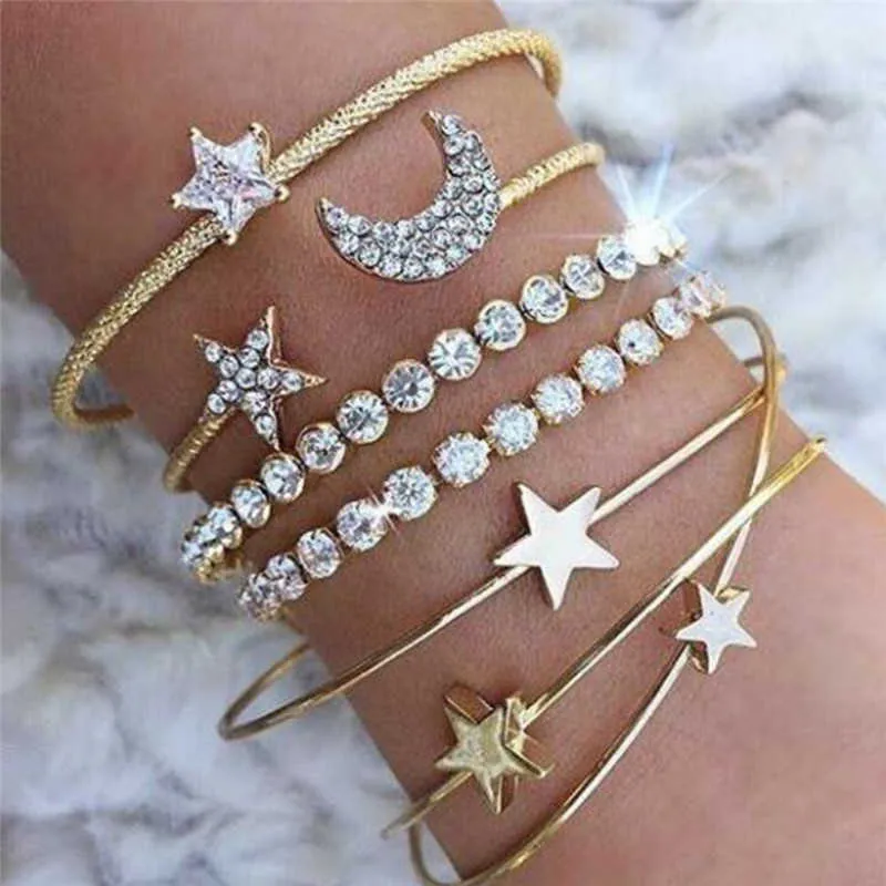 4 pièces/ensemble cristal étoile lune bracelet ensemble multicouche amour coeur breloque couleur or ouvert manchette bracelets réglable bijoux pour femmes Q0719