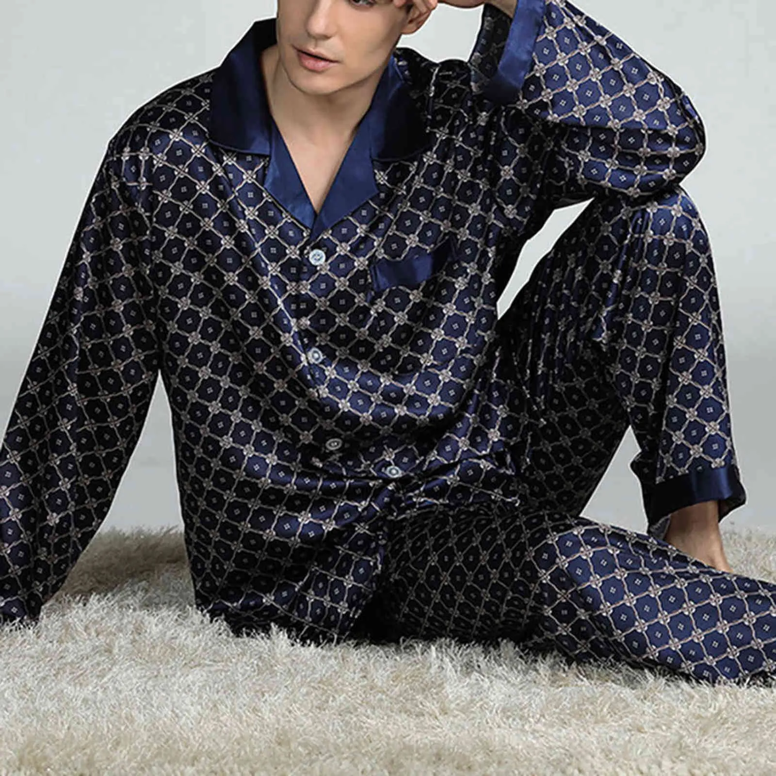 Loozykit Mens Stain Silk Pigiama Set Pigiama Men Pigiama Uomo Sleepwear Stile Moderno Silk Nightgown Home Maschio Satin Soft Accogliente Abbigliamento dormire 211111