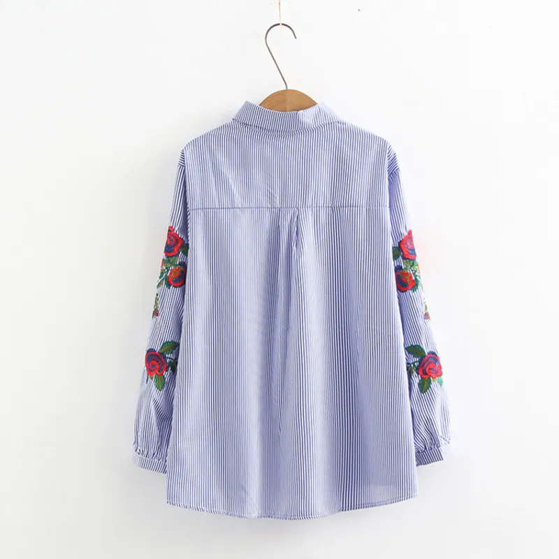 Damska wiosna jesienne koszule w paski z długim rękawem pojedyncze breloczki luźny kwiat haftowany bluzka żeński blusa topy PL559 210506