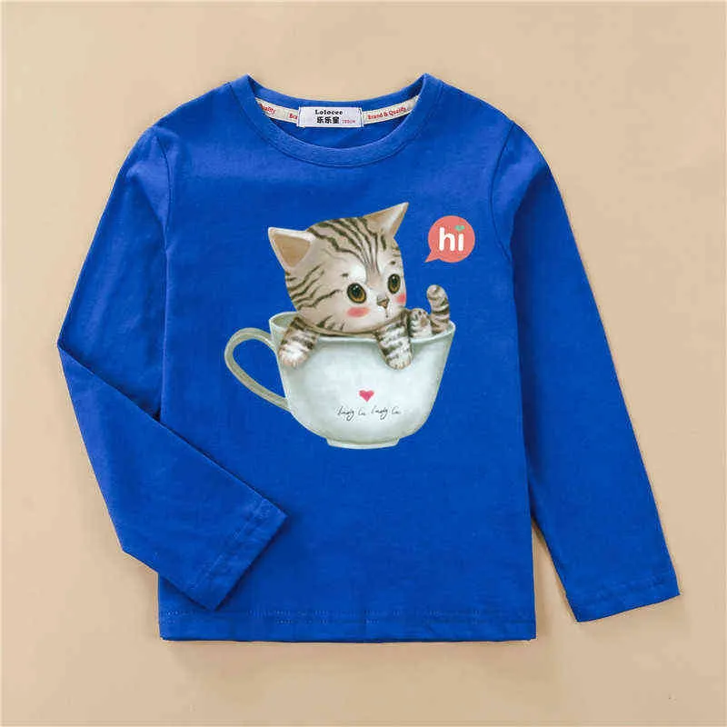 인쇄 된 티셔츠 새끼 고양이 패턴 소녀 티셔츠 패션 긴 소매 옷 귀여운 고양이 디자인 아기 소녀 탑 전체 코튼 아이 티셔츠 G1224