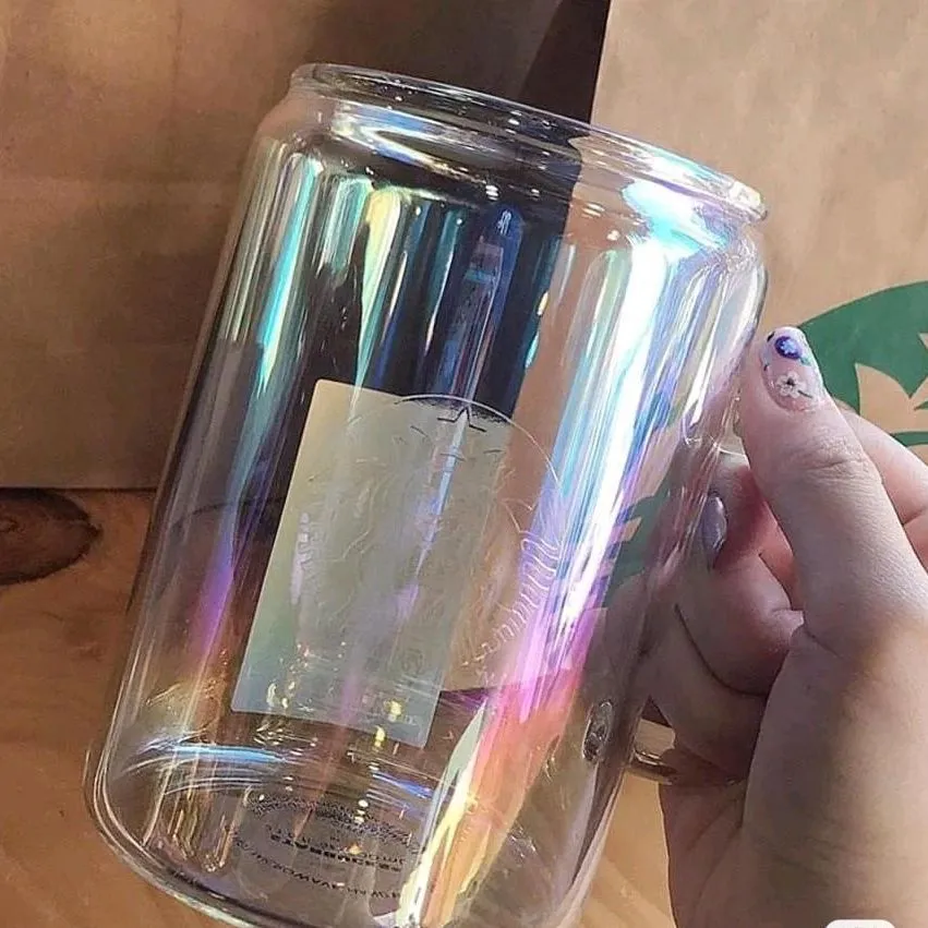 Creative Water Bottle Gradient Starbucks Coffee Cup Aurora Färgglada värmebeständiga borosilikat Glas Bright Mugg High Capacity233f