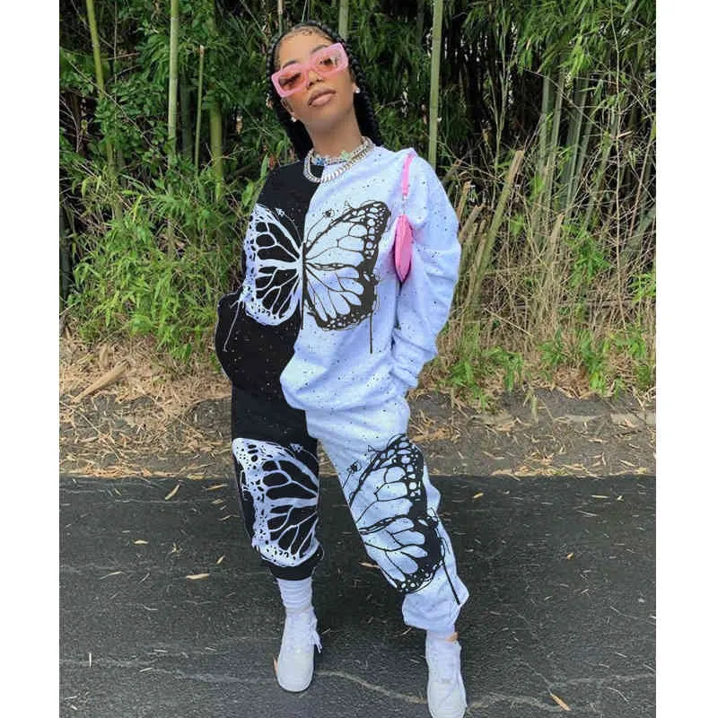 Wholesale Product Trendy Chic Printed Cool Girl Track Suit Women Matching Sets BF Style Sweatshirt Top Baggy Pants 210525