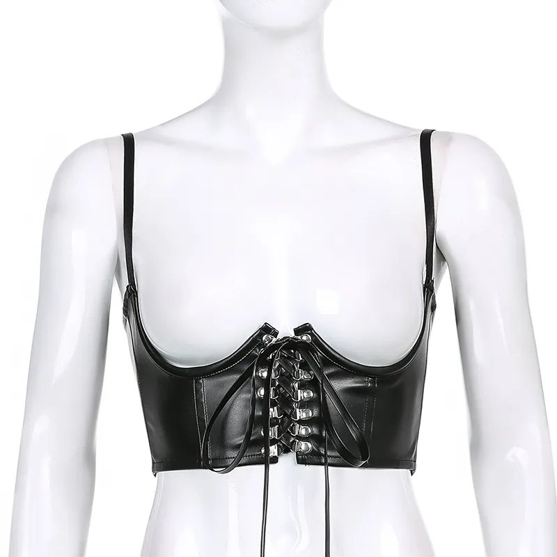 Streetwear Gothic Nero PU Ecopelle Crop Top Donna con cinturino sottile Nuova estate Cross Lace Up Punk Tank Corsetto Abiti 210415