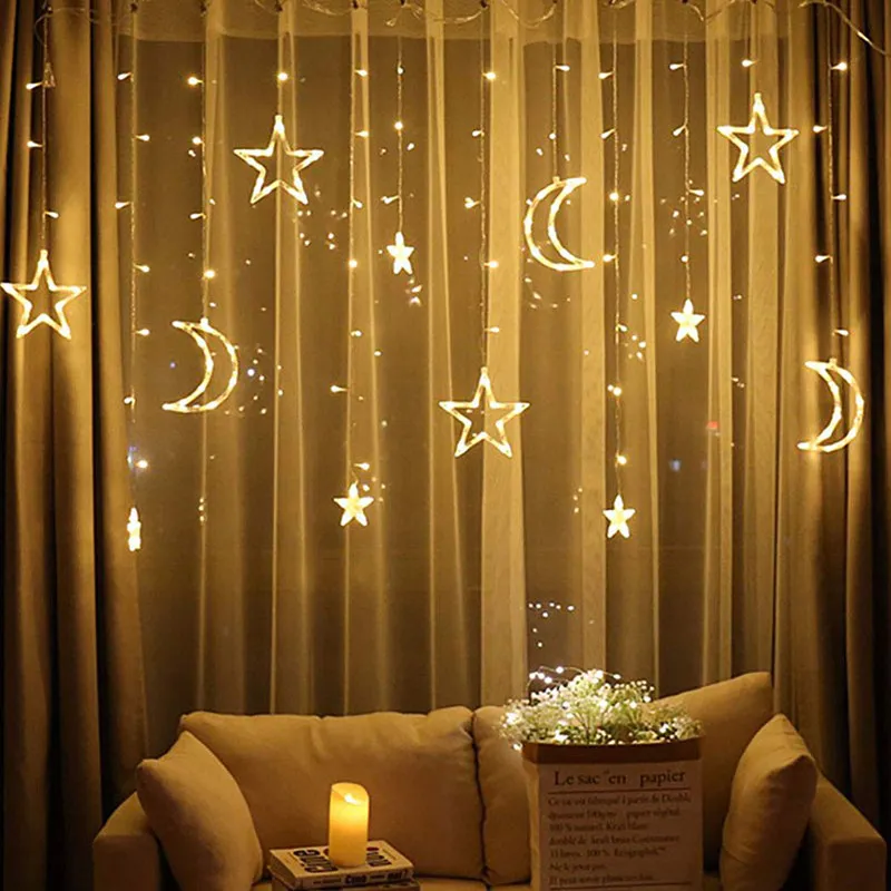 3 5M 138leds Star Moon Led Cortina Luz de cadena Navidad Ramadán Guirnalda Luces Románticas Iluminación navideña para decoración del banquete de boda222Y