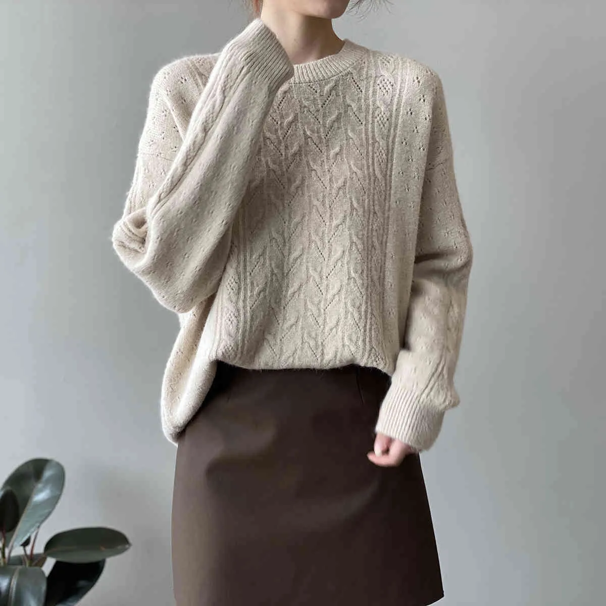 Suéter de gran tamaño para mujer Otoño Casual Ropa interior exterior Dulce Japonés Vintage Blusa O Cuello Patrón Skrit Tops 210520