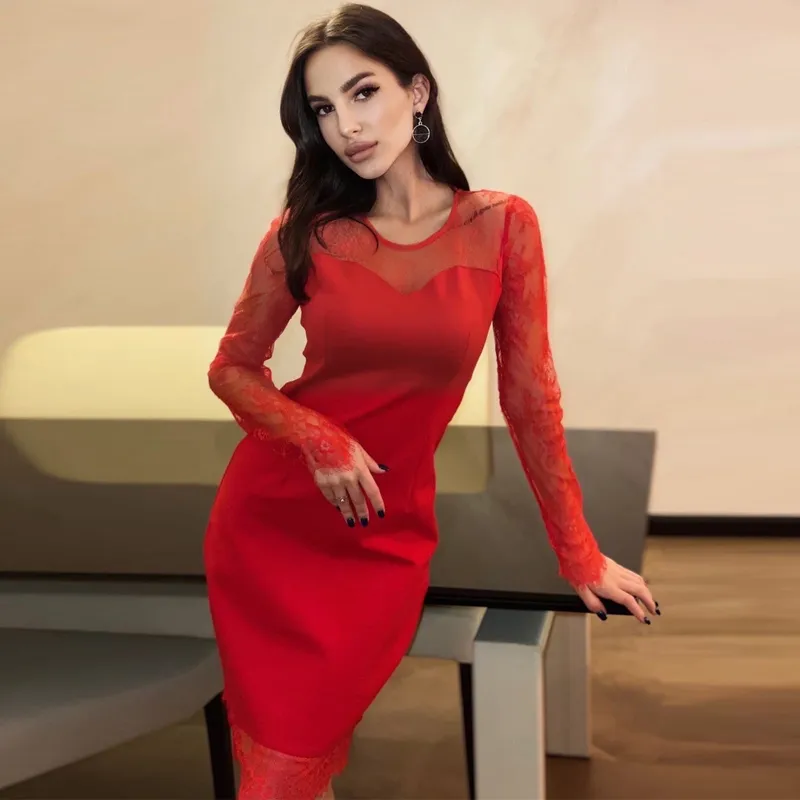 Women Sexy Lace Patchwork Sheath Party Dress Long Sleeve O neck Solid Elegant Casual Mini Dress Spring New Fashion Dress 210412