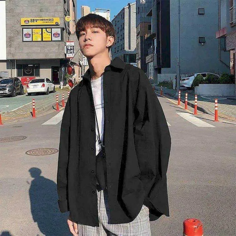 Spring Autumn Hong Kong Casual Long-sleeved Shirt Men Korean Loose White Trend Jacket Streetwear Oversized Button Up 210626