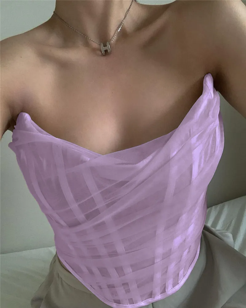 Isarose Vrouwen Corset om Sexy Mesh O hals Strapless Pink Wit Purple Black Tops Polyester Boning Bustier Streetwear 210422