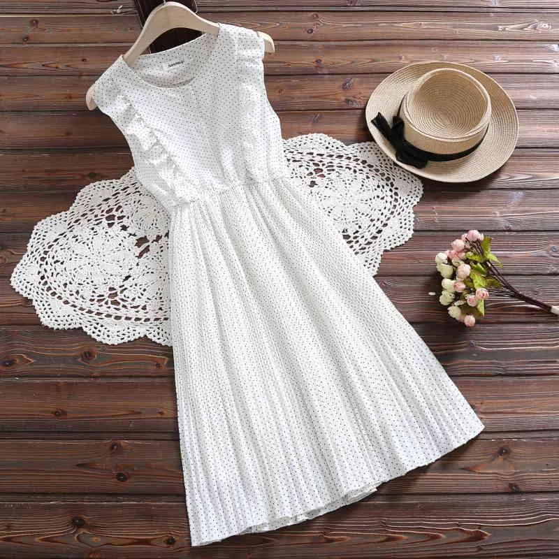 Elegant söt chiffong kawaii pläterad klänning sommar koreanska chic sundress kvinnor vit röd polka dot ärmlös ruffles 9858 210508