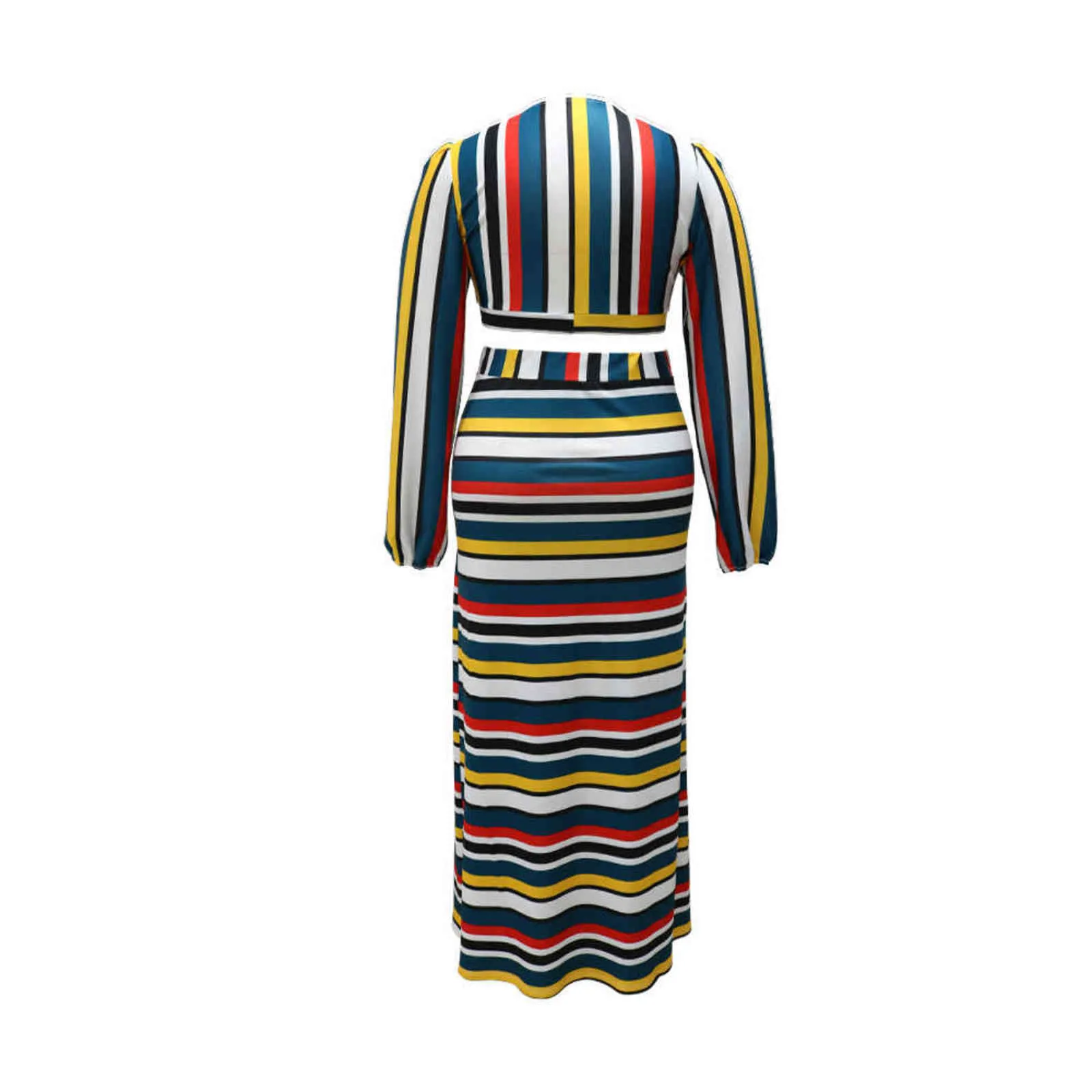 ZOCTUOO Plus Size Spódnicy Zestawy Jesień Z Długim Rękawem Dress V-Neck Kolorowe Stripe Drukowanie Duża koronka Do góry Dwupiętrowy 211115