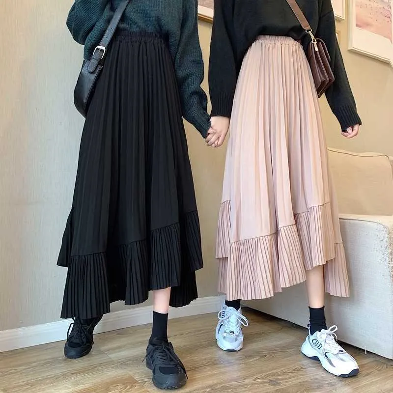 Faldas Mujer Moda Fall Korean Chic Slim black High Waist Pleated Skirts Women Irregular Ruffles Grey Maxi Skirt Vintage Loose 210610